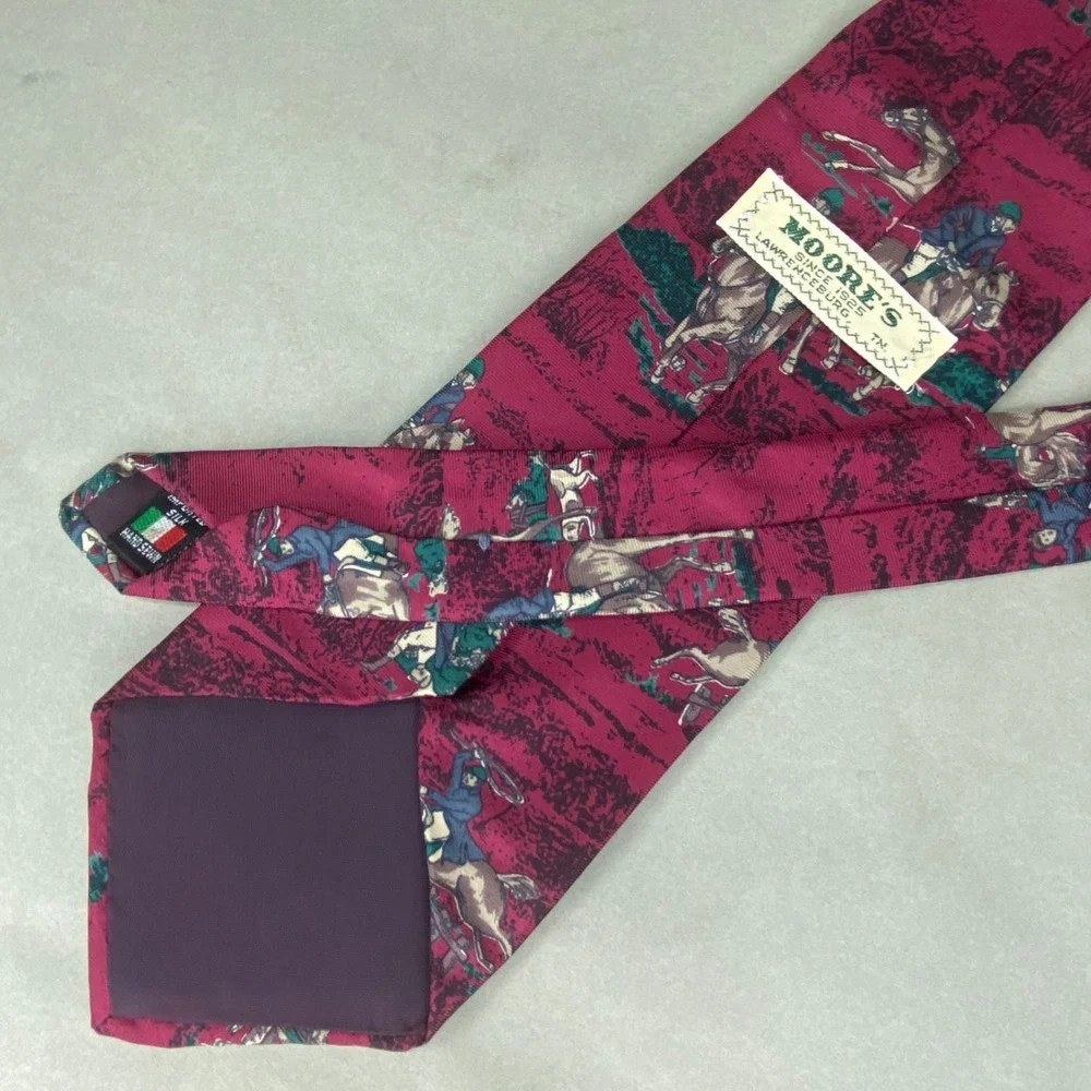 VTG Moore's Equestrian Horse Fox Hunt Silk Tie Burgundy Navy Hunting‎ Dog 57x4